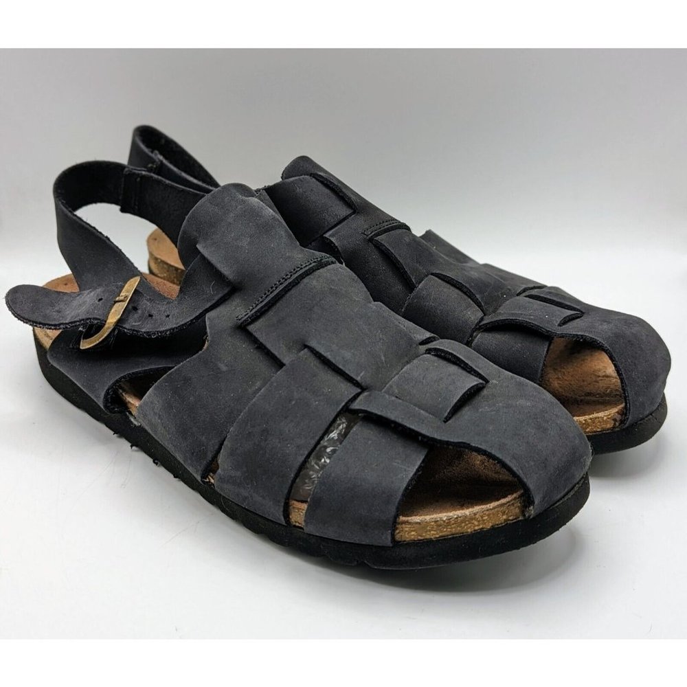 LL Bean Women's 11 M Sandals Cork Leather Buckle Straps Black Fisherman L.L.